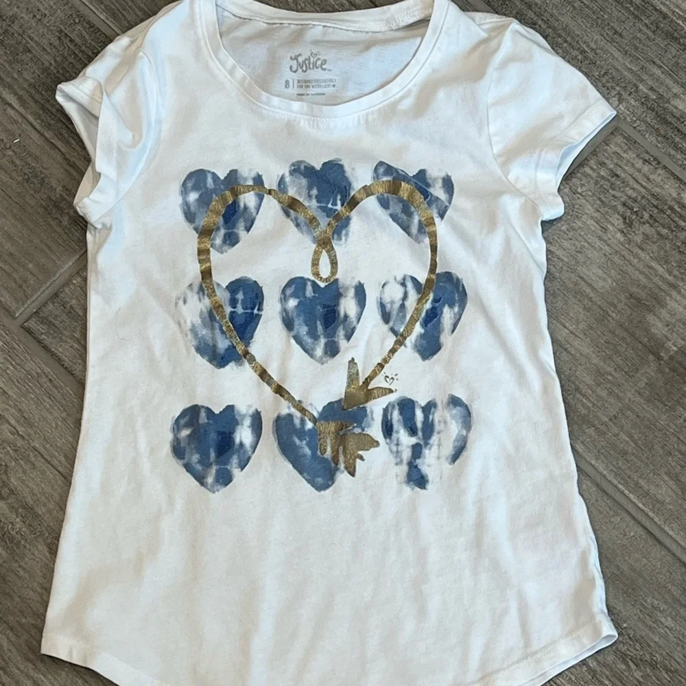 Justice Girls Graphic White Tee‎ Blue Hearts Gold Short Sleeve Summer Size 8
